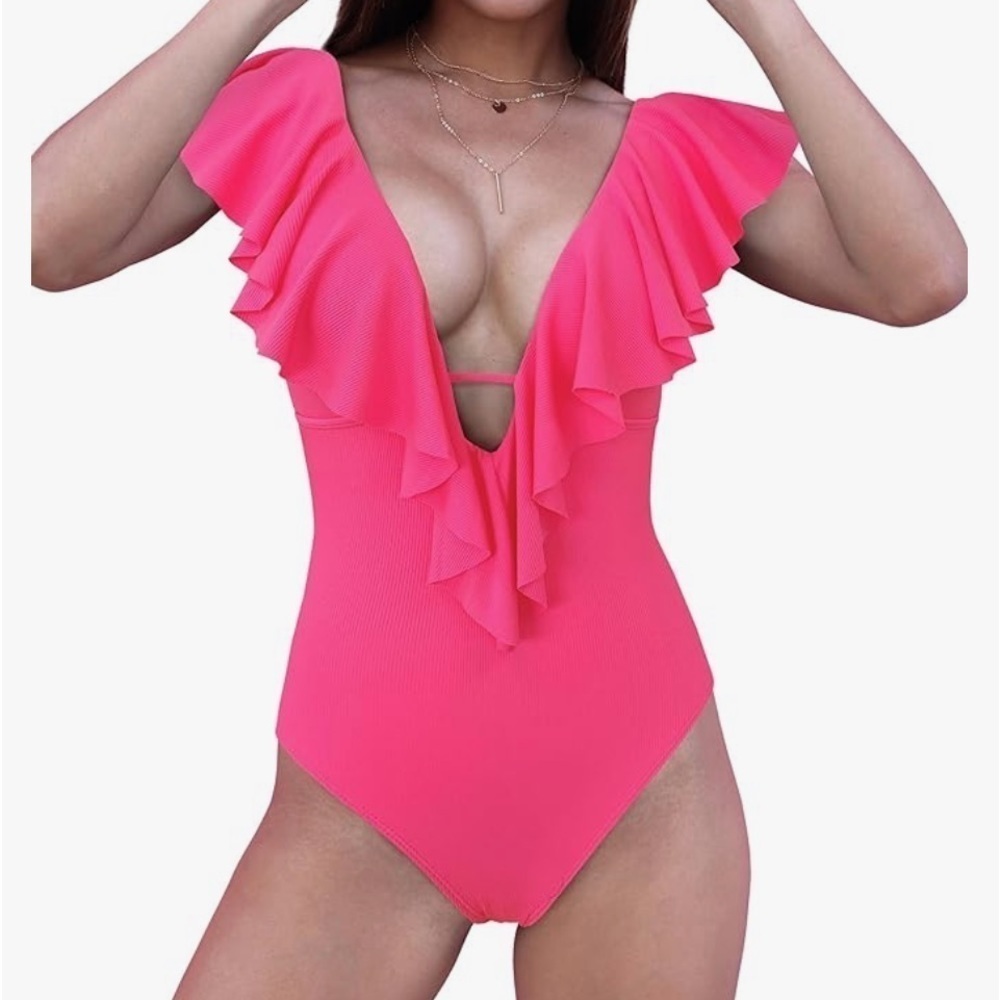 NWT One Piece Swimsuit V-Neck Ruffle Bathing Suit Padded Monokini pink Large